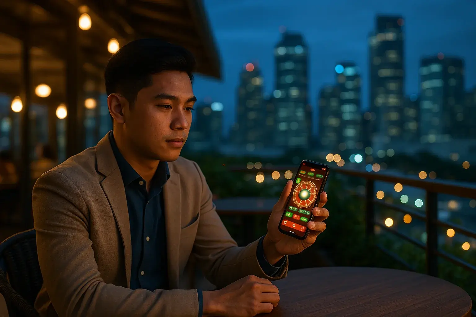 Young Filipino man at BGC rooftop cafe holding smartphone with casino app