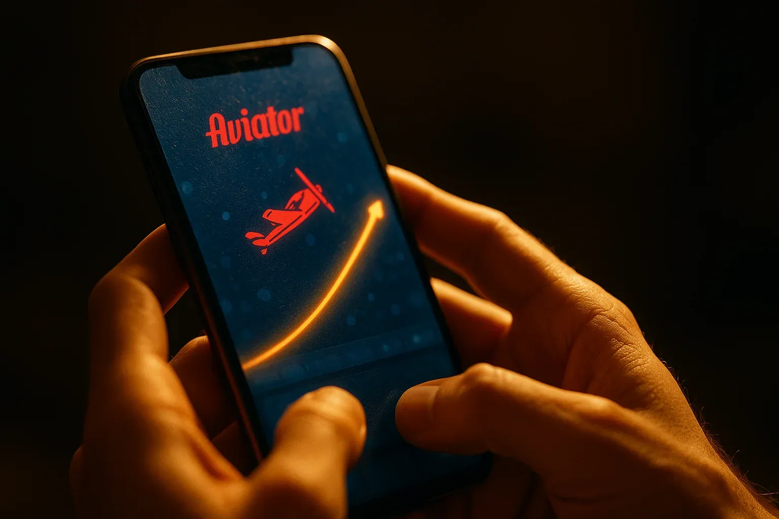 Macro close-up of smartphone showing blurred Aviator crash game interface glow