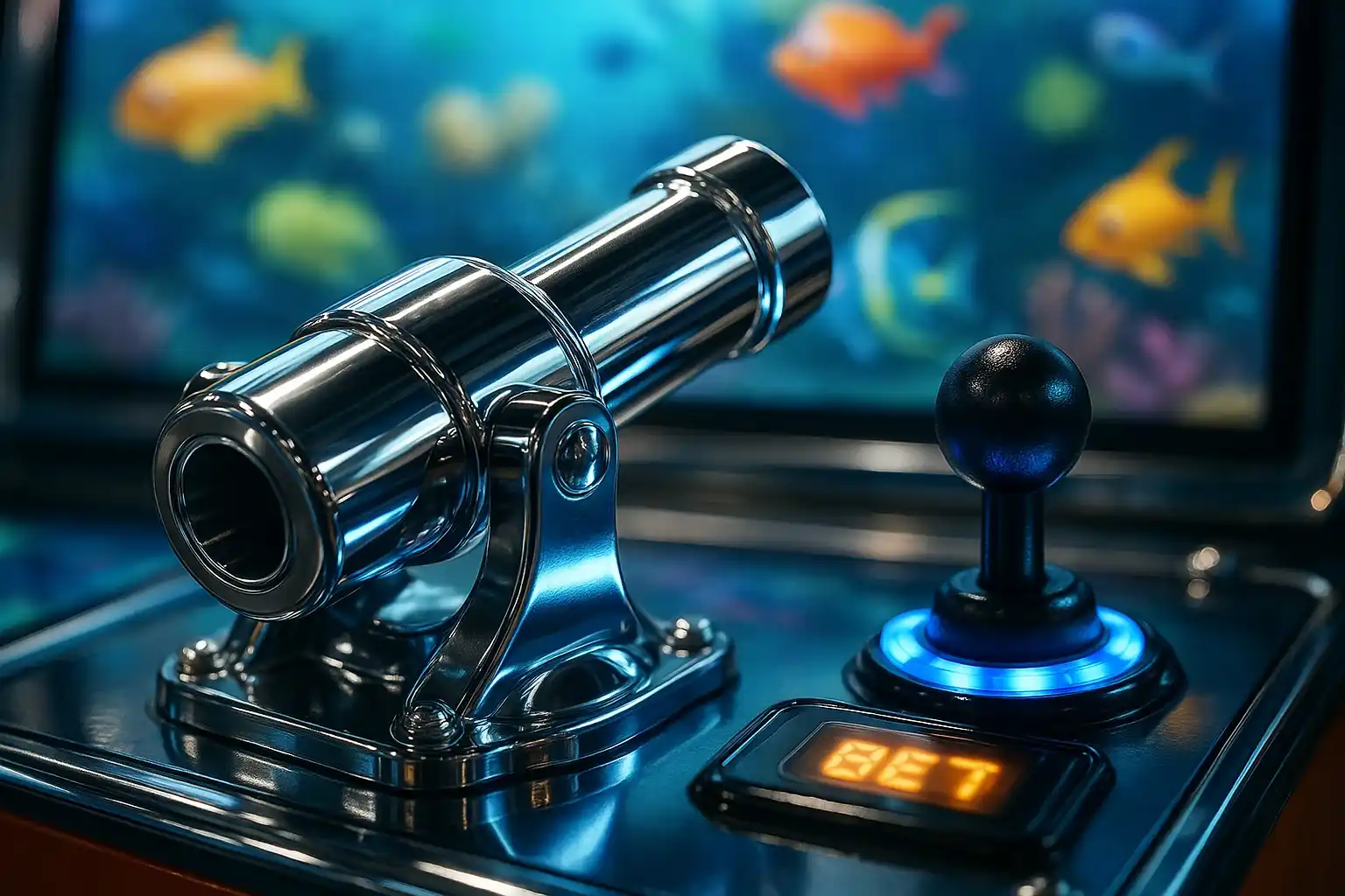 Macro photo of chrome fishing game cannon with joystick and glowing display