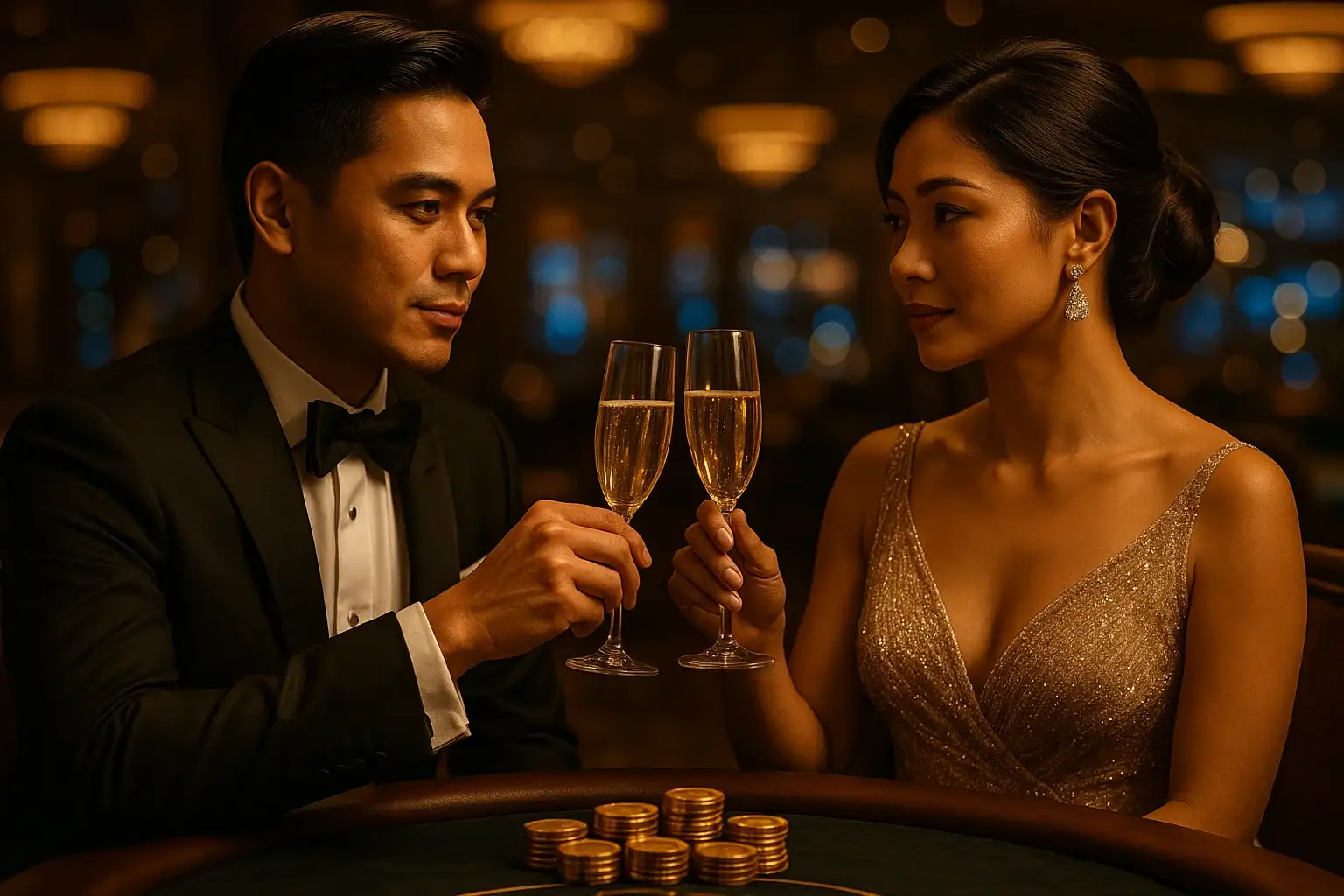 Sophisticated Filipino couple toasting with champagne in a VIP casino suite