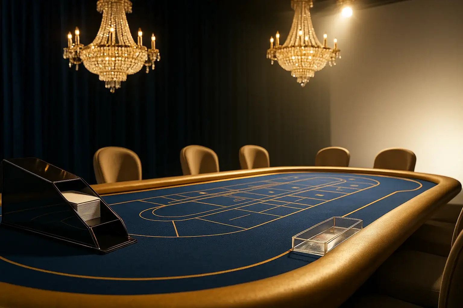 Hyperrealistic wide shot of luxury live baccarat table in Philippine casino studio