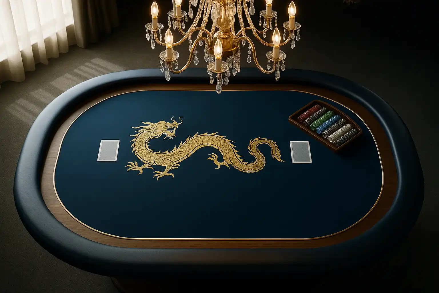 Hyperrealistic live Dragon Tiger table in Philippine casino studio with blue felt