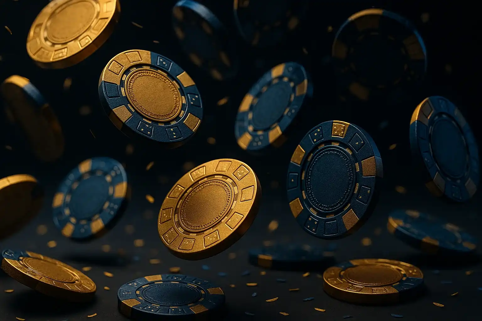 Hyperrealistic macro shot of golden and blue casino chips raining down