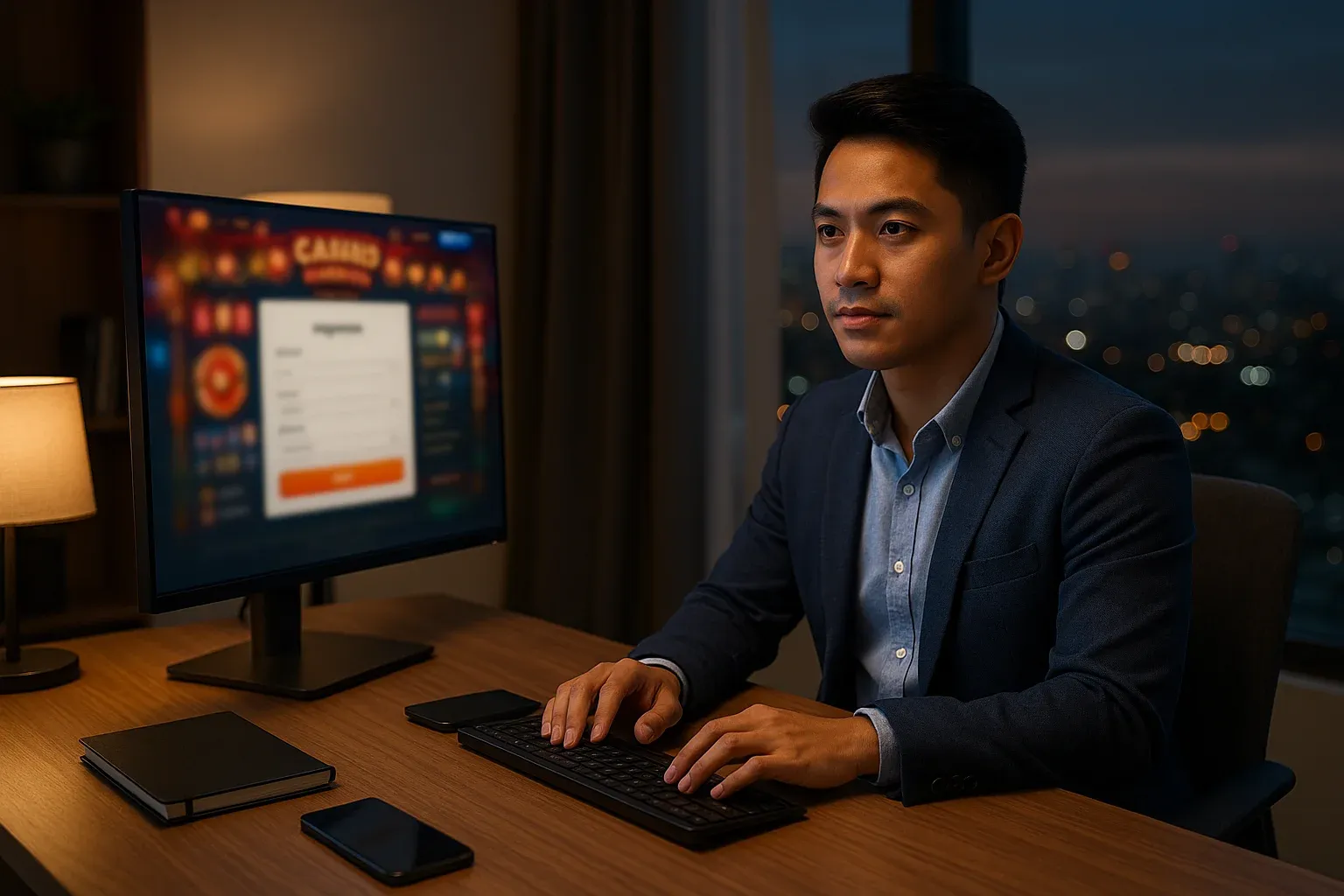 Filipino young professional in Manila home office viewing blurred casino registration page