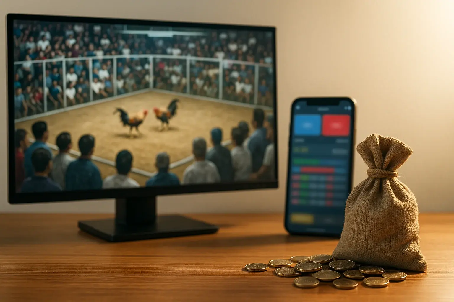 Wide shot of live sabong stream monitor, phone betting app, PHP coins