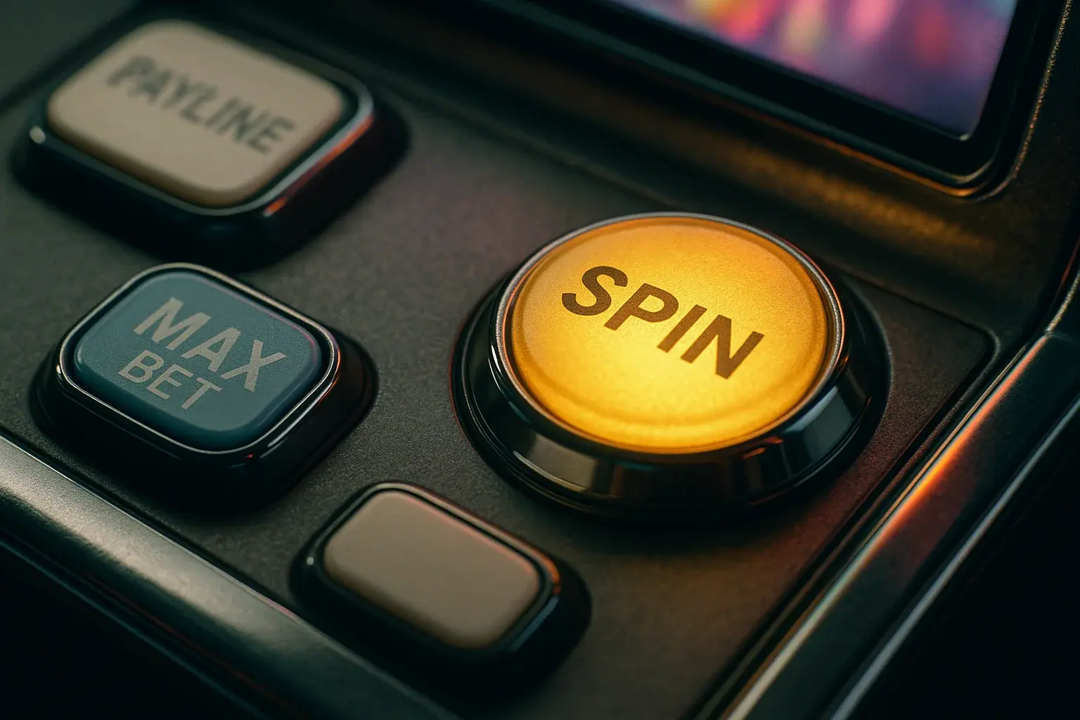 Hyperrealistic macro photo of slot machine panel with glowing gold spin button