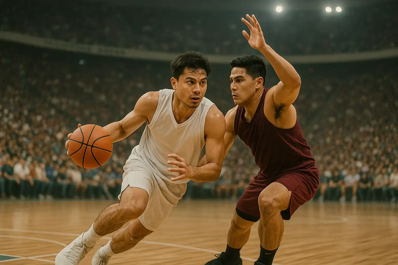 Two Filipino basketball players driving and defending under arena floodlights